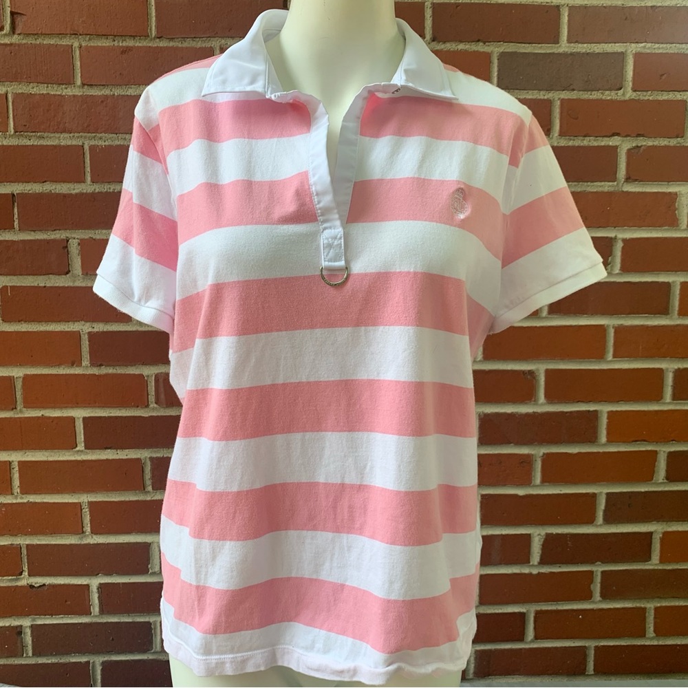 Ralph Lauren Active pink and white striped short sleeve preppy polo shirt- XL